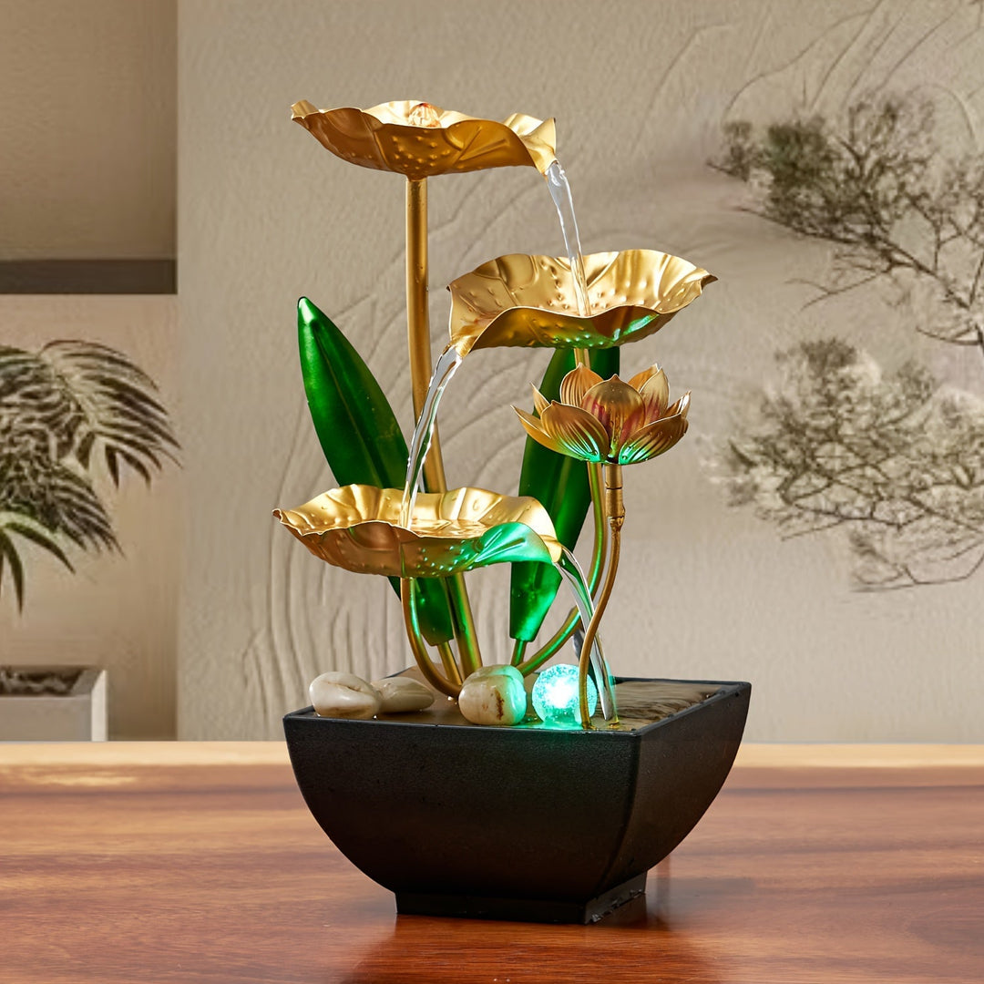 Serene lotus binnenfontein met zachte waterstroom, creëert rust en sfeer in elk interieur.