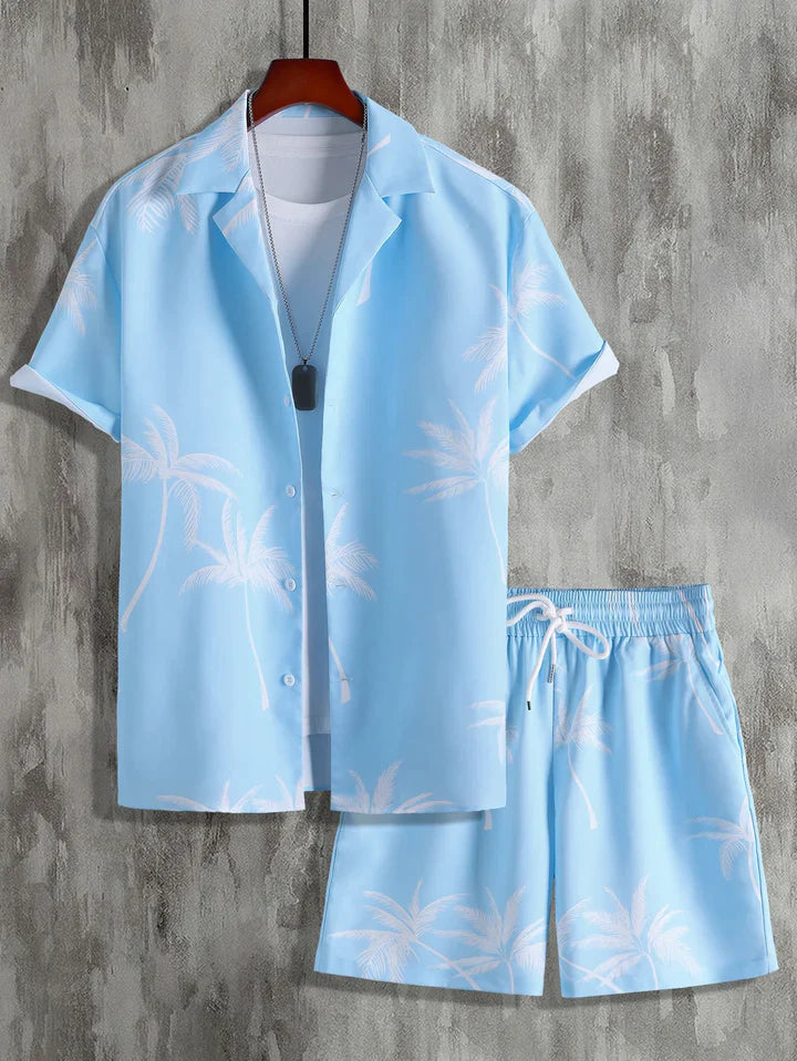Comfortabele tweedelige heren zomerset voor warme dagen. Veelzijdig als lounge- of strandoutfit.