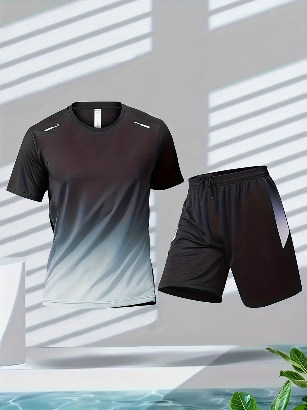 Stijlvolle heren sportieve outfit: ademend T-shirt en shorts voor hardlopen, gym of casual zomerse activiteiten.