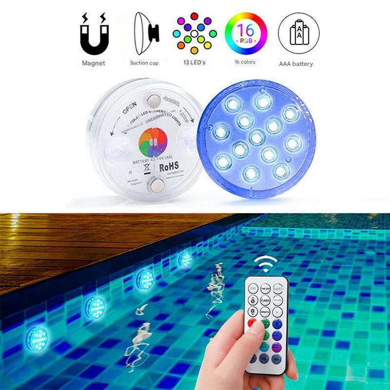 Waterdichte LED onderwaterlamp met afstandsbediening voor een betoverende lichttuin of zwembad.