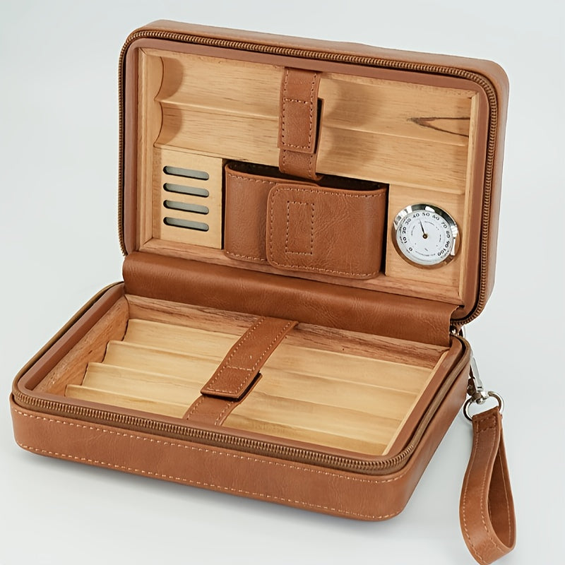 Luxe lederen sigaren humidor reisetui voor 6 sigaren met hygrometer en bevochtiger. Ideaal voor onderweg.