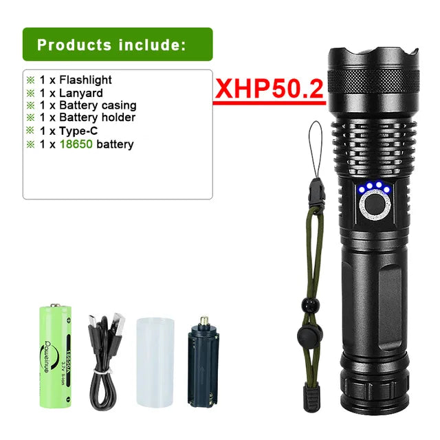 Oplaadbare LED zaklamp, ultrahelder, waterdicht, voor wandelen, kamperen en avonturen.
