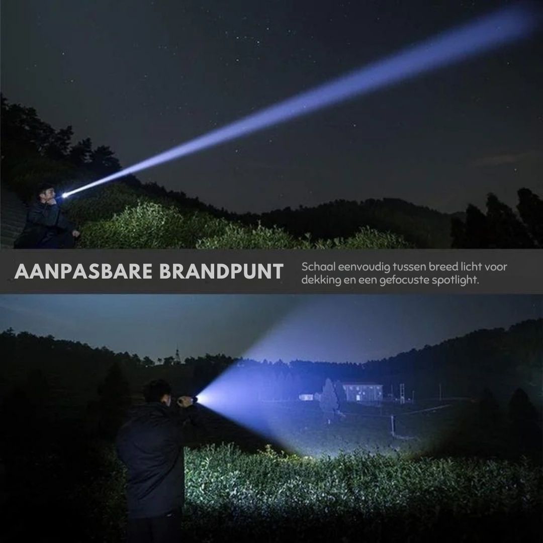 Compacte, handzame LED zaklamp (90000 Lumen) met verstelbare zoom voor heldere verlichting.