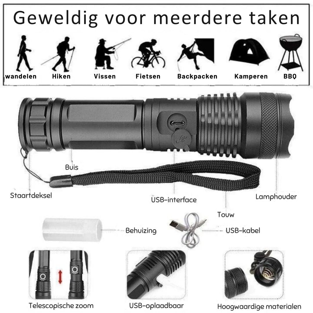 Hoge lichtopbrengst 90000 Lumen LED zaklamp met zoom, ideaal voor vissen en jagen in het donker.