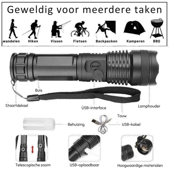 Hoge lichtopbrengst 90000 Lumen LED zaklamp met zoom, ideaal voor vissen en jagen in het donker.