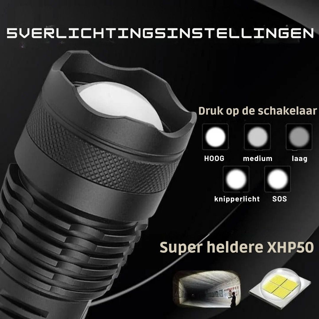 Robuuste 90000 Lumen LED zaklamp met zoomfunctie, essentieel voor avontuur en thuis.
