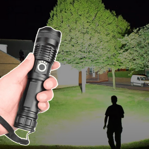 Krachtige 90000 Lumen LED zaklamp met zoomfunctie, ideaal voor buitenactiviteiten en noodgevallen.
