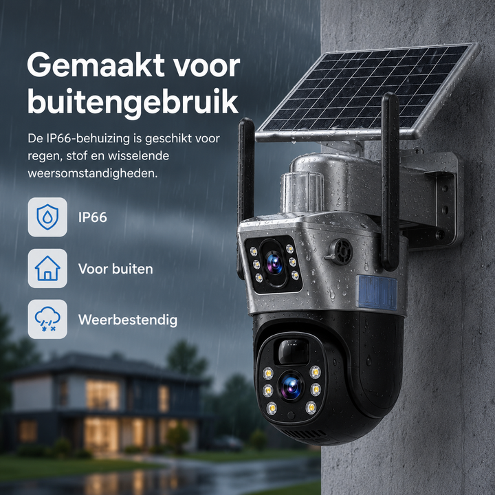 Draadloze 4K bewakingscamera met 360° panoramisch zicht, nachtzicht en persoonsdetectie.
