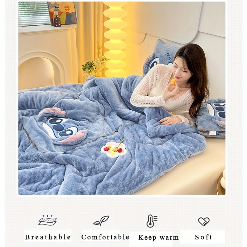Vrolijk Stitch kussen dat transformeert in een zachte deken; creëert een knusse sfeer voor elke kamer.