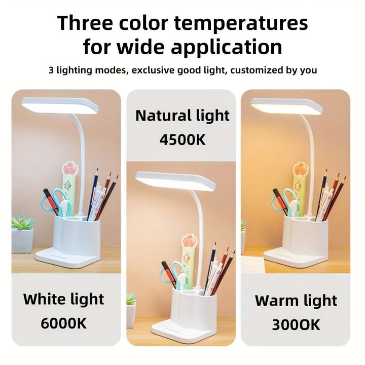 Moderne draadloze LED studielamp op bureau, oplaadbaar en verstelbaar voor optimale verlichting.