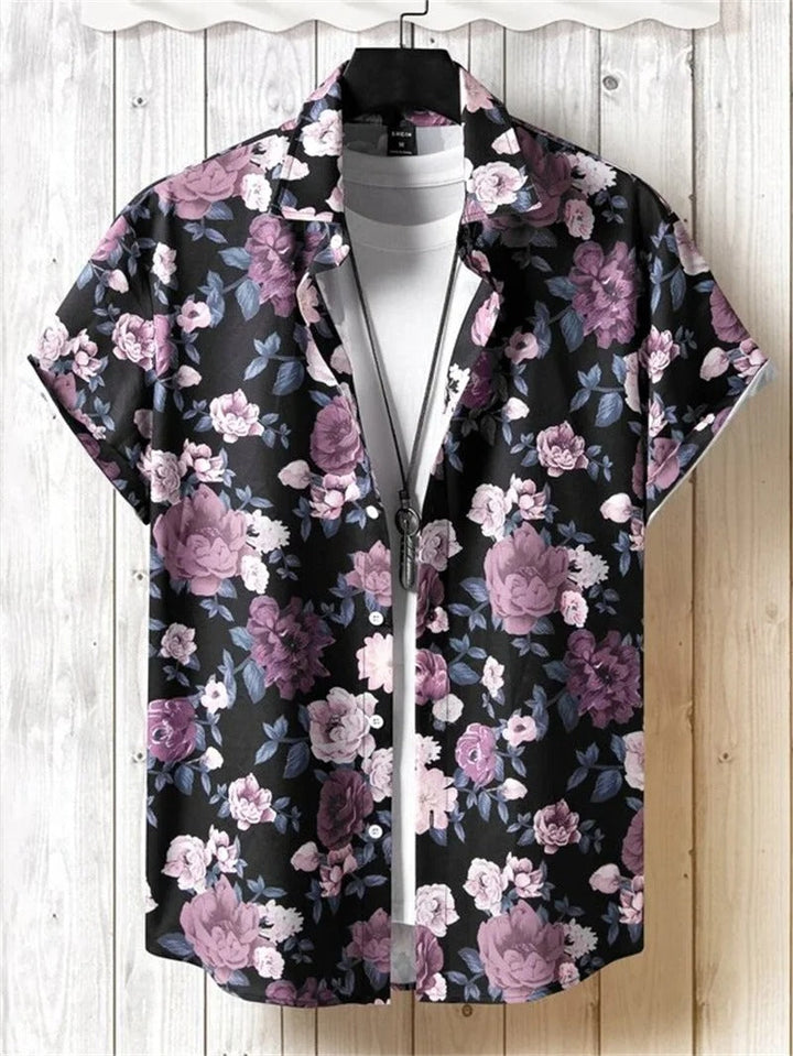 Detail: heren Hawaii overhemd met zachte stof en levendige 3D bloemenprint. Perfect voor zomer, feest of casual.