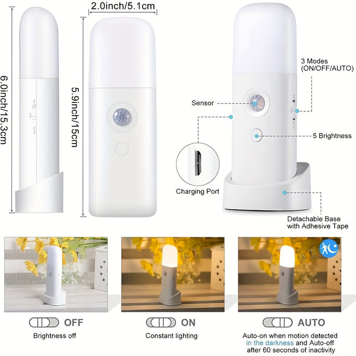 Compacte LED nachtlamp voor slaapkamer of gang, met bewegingssensor en USB oplaadbaar.
