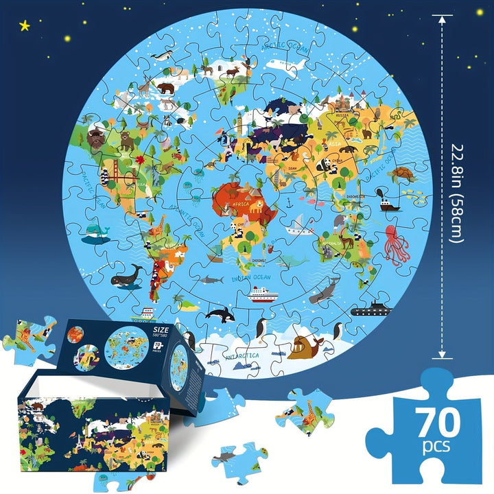 Educatieve 70-delige dieren wereldkaart vloerpuzzel voor kinderen, stimuleert leren en plezier.