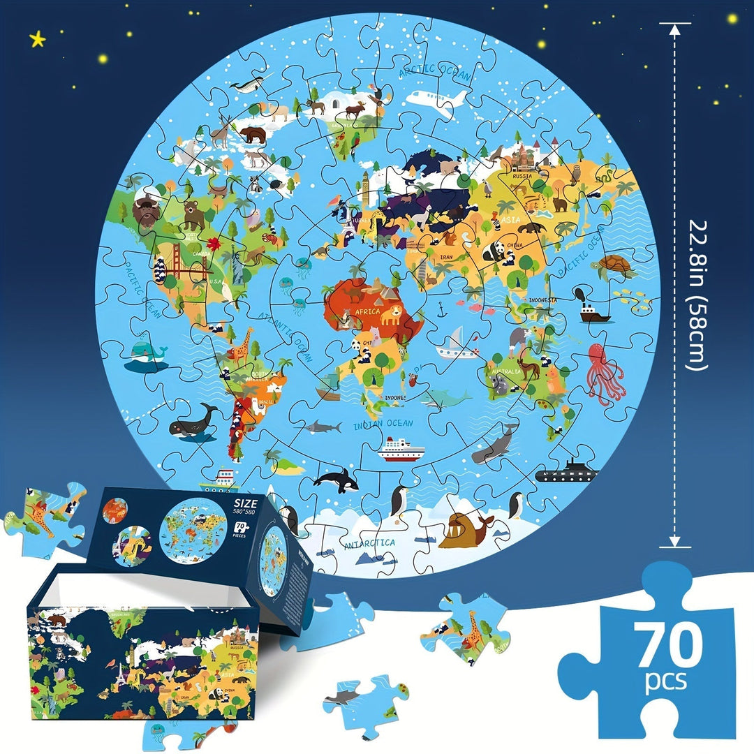 Grote ronde kinderpuzzel (70 stukjes) met wereldkaart en dieren; ideaal educatief speelgoed.