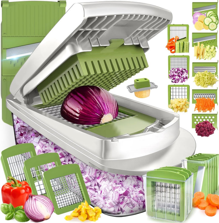 Multifunctionele 10-in-1 groentesnijder met diverse opzetstukken voor snijden, hakken en raspen van groenten.