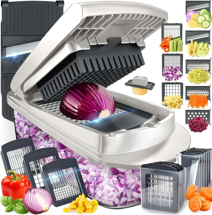 Keuken groentesnijder 10-in-1 met 8 verwisselbare messen voor snel en efficiënt hakken, snijden en raspen.