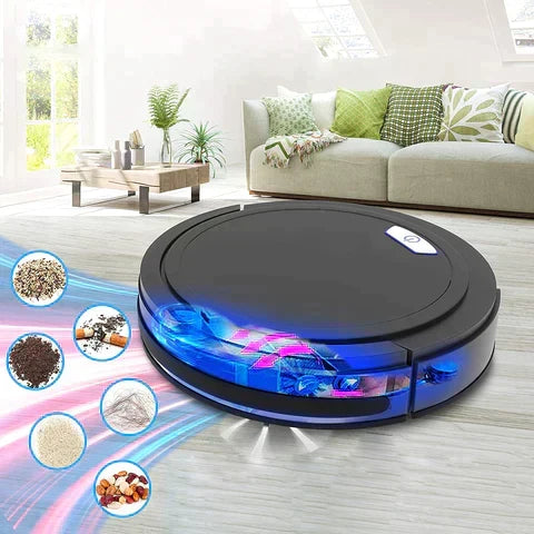 Compacte robotstofzuiger in actie, navigerend door modern interieur, ideaal voor harde vloeren en tapijt.