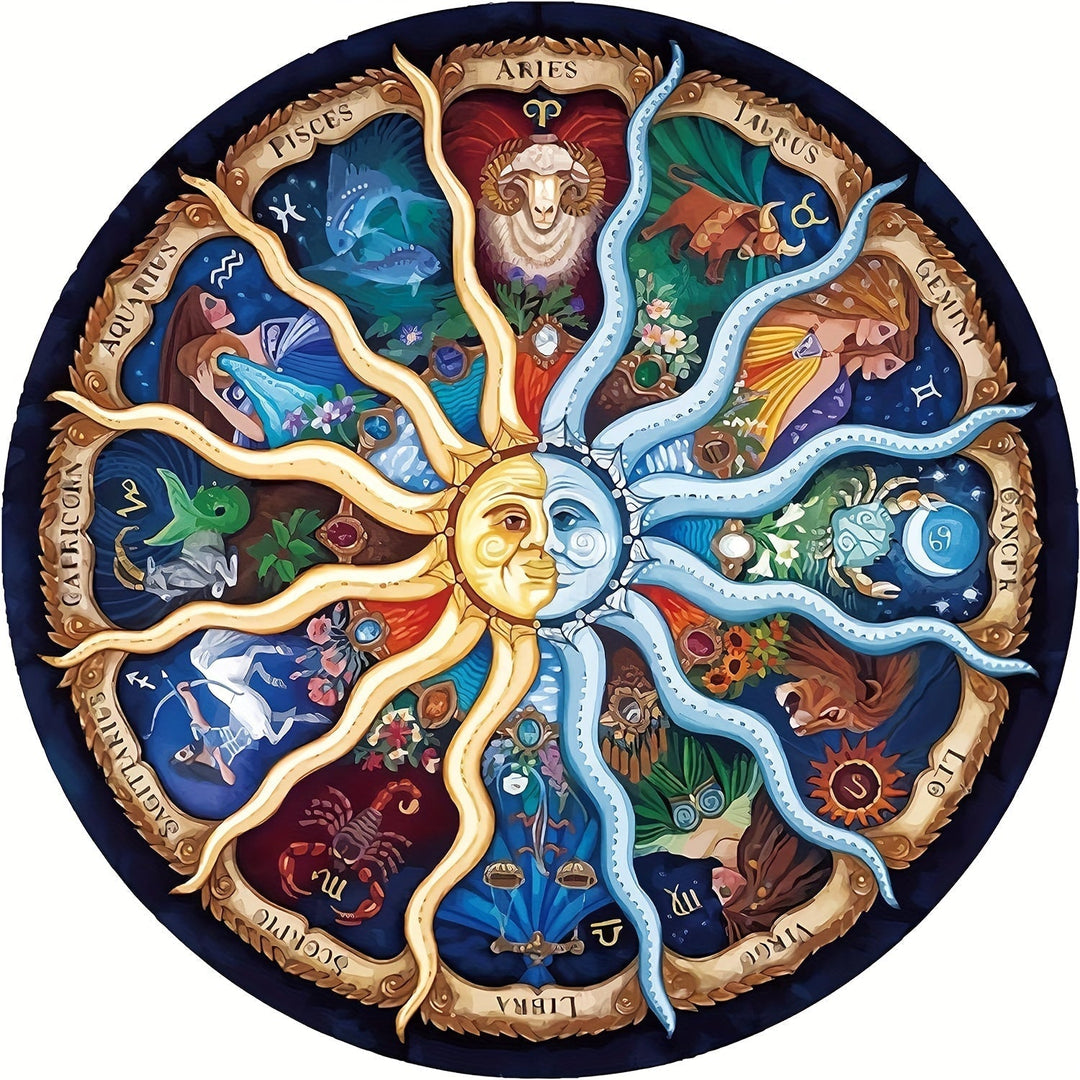 Ronde sterrenbeeld puzzel (1000 stukjes) met kleurrijke zodiac tekens, perfect voor volwassenen en ontspanning.