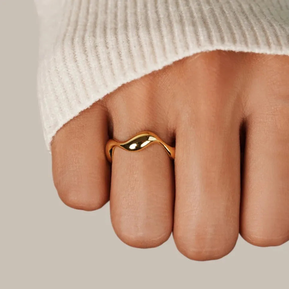 Verstelbare damesring, 18K verguld zilver, elegante sieraden met minimalistisch oceaan ontwerp.