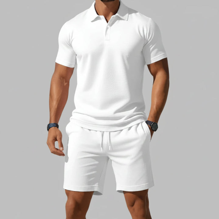 Lichte en luchtige heren casual set. Zomer poloshirt & shorts, perfect voor warme dagen en vakantie, trekkoord.