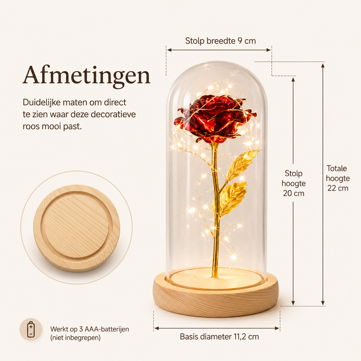 Decoratieve glazen stolp met eeuwigdurende roos en geïntegreerde LED-verlichting voor thuis.