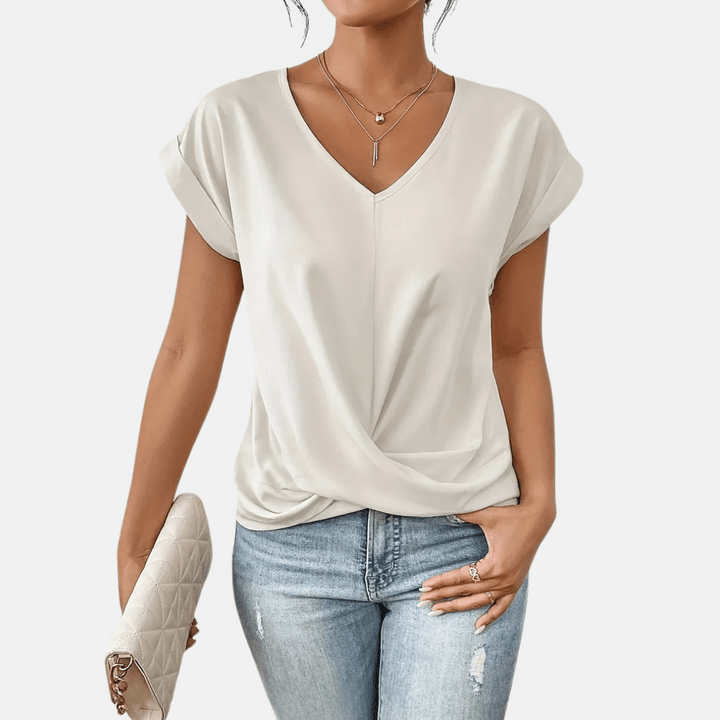 Elegante V-hals blouse voor dames met gedrapeerde zoom, perfect voor lente en zomer. Casual en stijlvolle top.