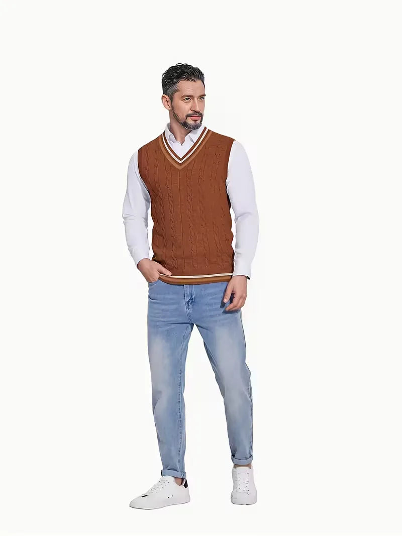 Casual-chic heren mouwloos vest, V-hals, subtiel kabelpatroon, essentieel voor herfstgarderobe.