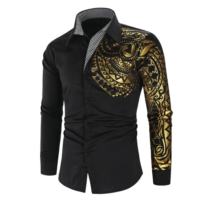 Heren slim fit overhemd Darius met glanzende gouden details en lange mouwen, ideaal voor feestelijke gelegenheden.