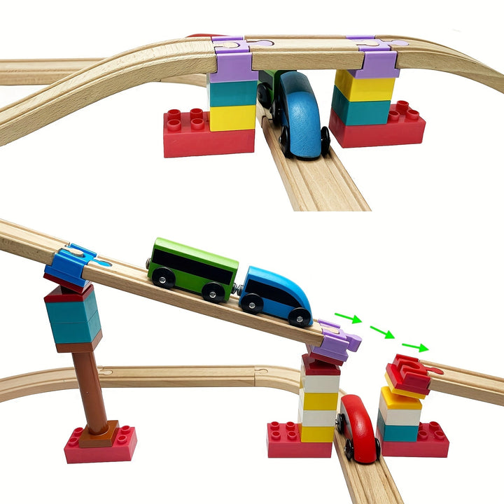 Houten spooradapters in diverse kleuren, verstelbaar voor modelbouw treinbaan uitbreiding.