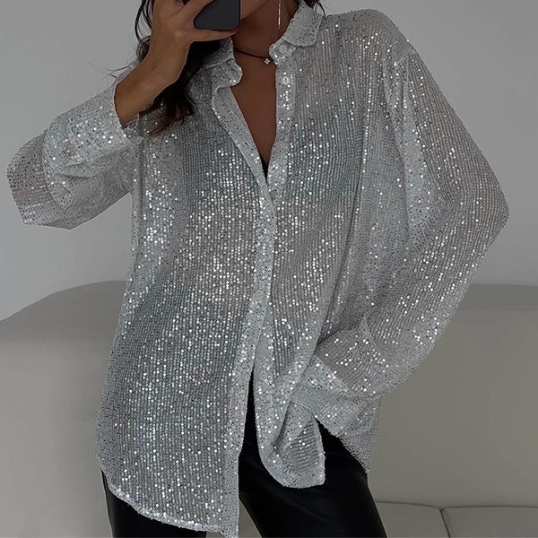 Chique dames blouse met pailletten, Celeste kleur, losse pasvorm voor casual chic of feestelijke look.