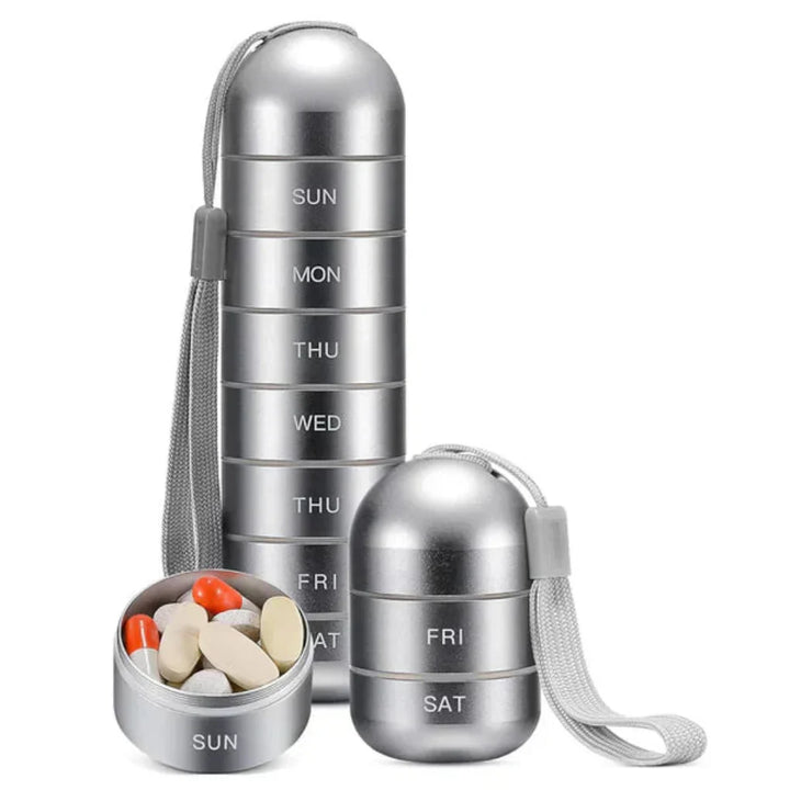 Duurzame aluminium medicatie organizer; 7-daagse pillendoos voor medicijnopslag, compact en waterdicht.