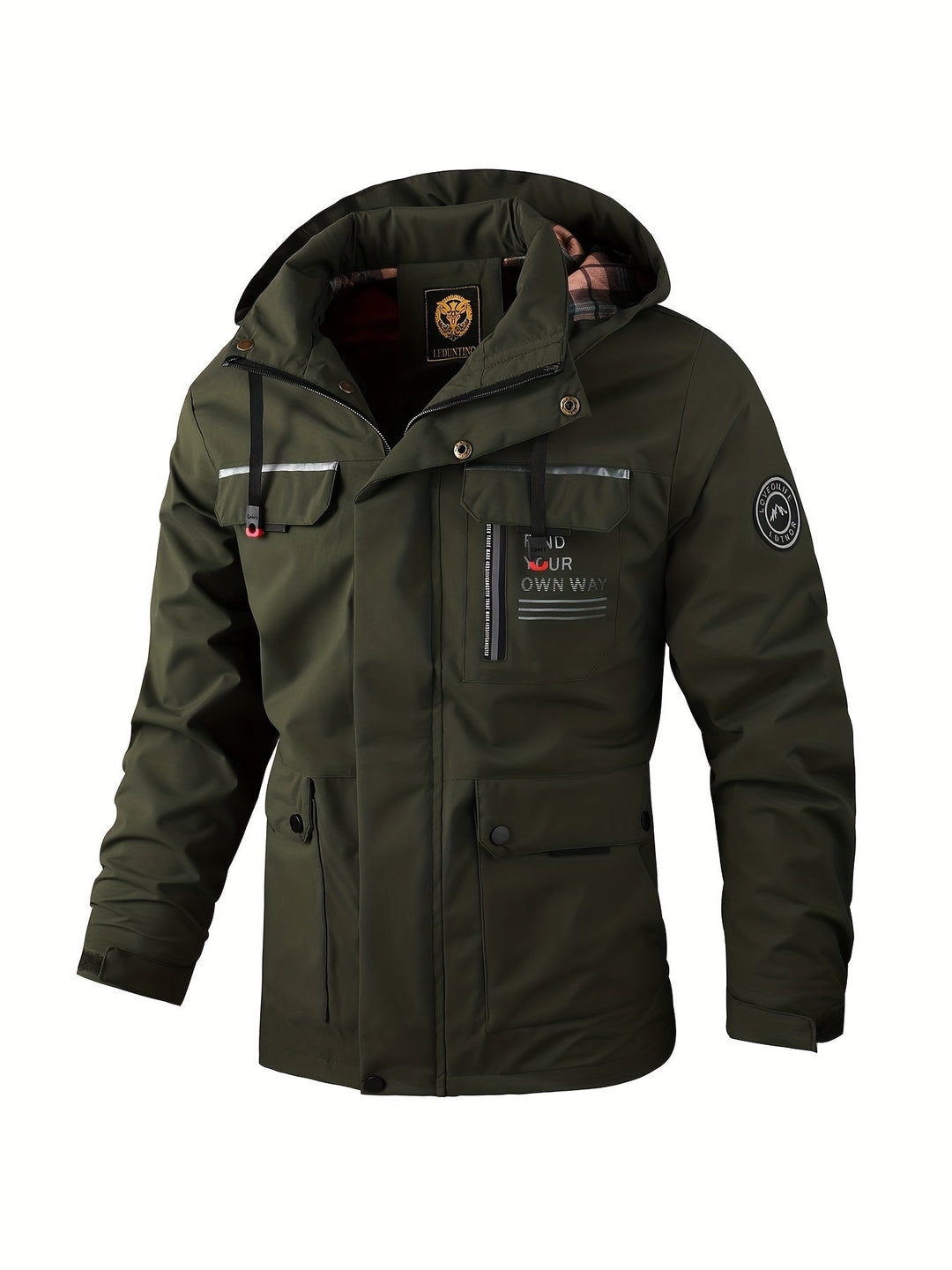 Detail rits en zakken heren waterdichte winterjas. Functionele outdoor activewear voor optimale bescherming.
