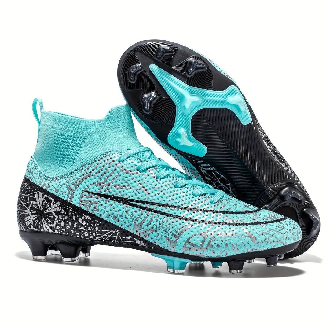 Vooraanzicht van Dario heren voetbalschoenen; hoge enkel en gripnoppen voor intensieve voetbalwedstrijden.