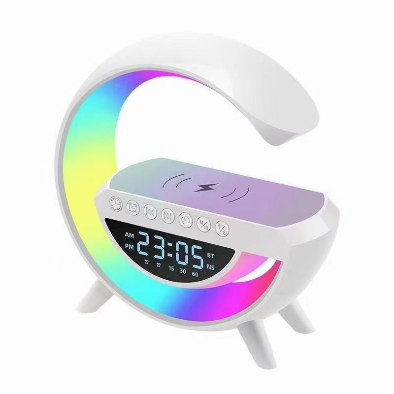 Slimme oplaadlamp met geïntegreerde Bluetooth speaker, draadloze oplader en wekker. Ideaal voor nachtkastje.