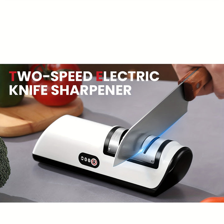 Compacte elektrische messenslijper met USB-oplaadfunctie, ideaal voor elk type keukenmes.