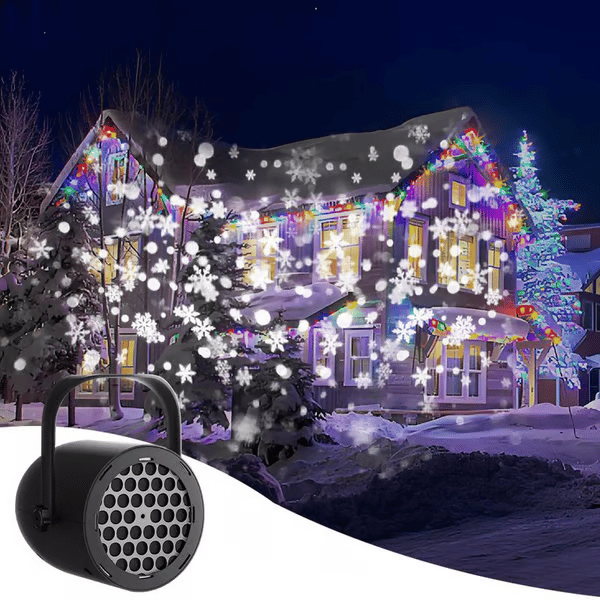 Kerstverlichting met LED projectielamp die een magische sneeuwvlokken sfeer creëert voor de feestdagen.