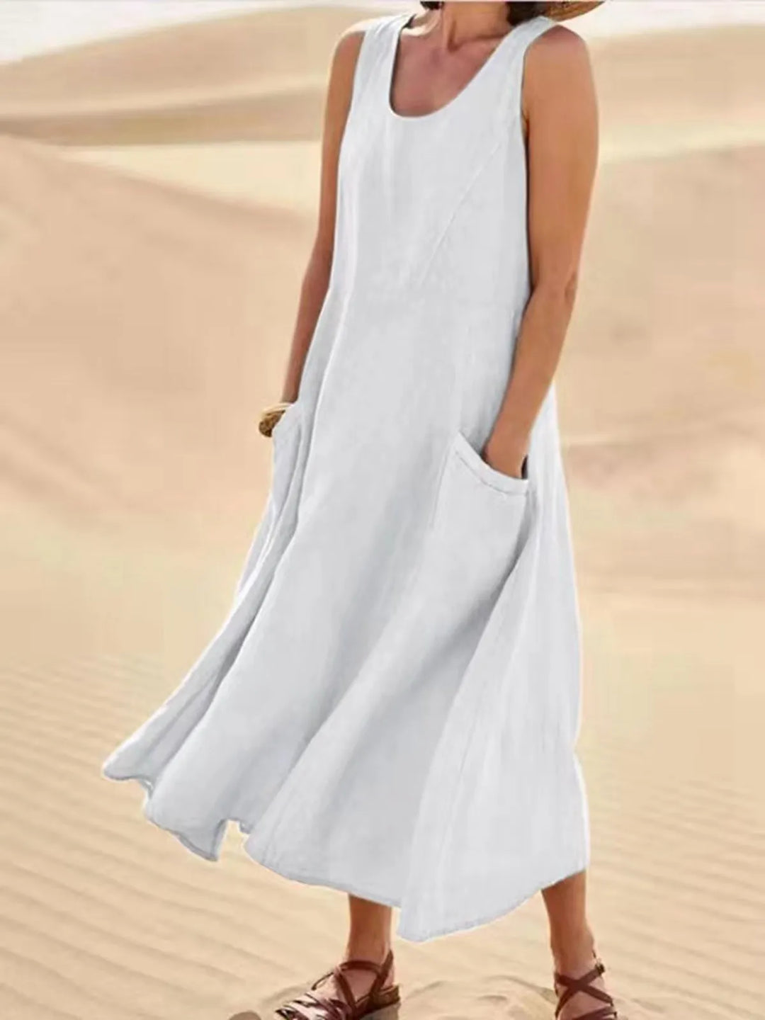 Elegante mouwloze zomerjurk met zakken, A-lijn model voor een flatterende pasvorm.