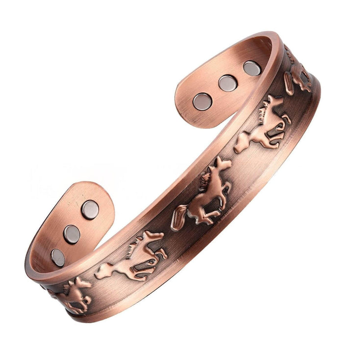 Unieke magneetring & armband set van koper met paardje; verstelbaar sieraad voor dames en heren, vintage look.