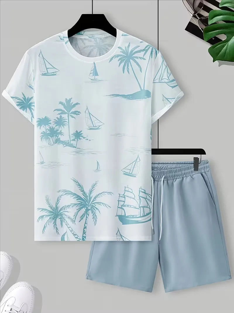 Casual heren 3D print T-shirt en korte broek set, ideaal als trendy zomerse strandkleding voor mannen.