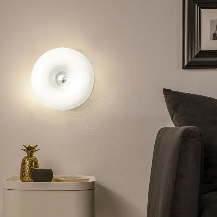 Donut design tafellamp/wandlamp met LED, glas, metaal, dimbaar, sfeervolle verlichting, wit.