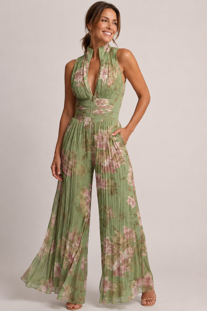 Elegante dames geplooide jumpsuit met wijde pijpen, perfect voor zomerse feesten en stijlvolle gelegenheden.
