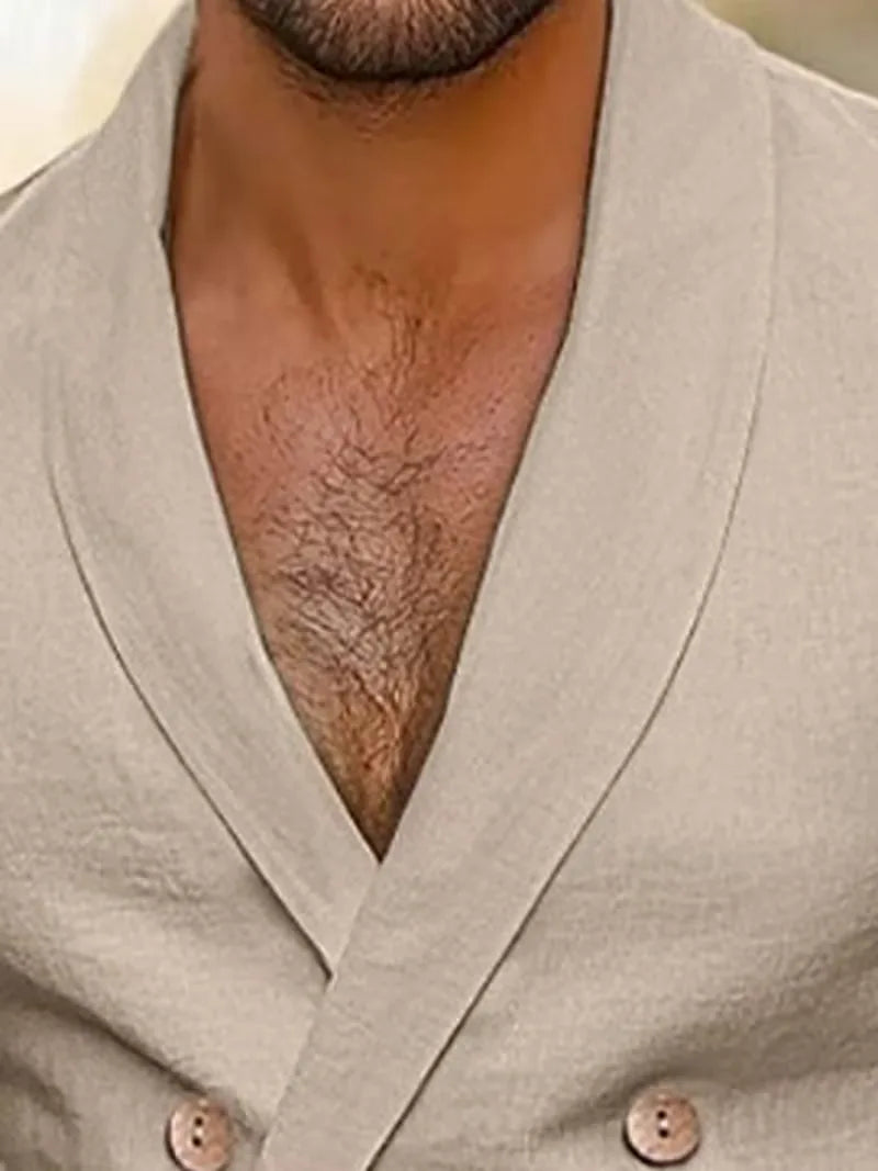 Heren zakelijke slim fit blazer met double-breasted sluiting en karakteristieke houten knopen, voor een verfijnde uitstraling.