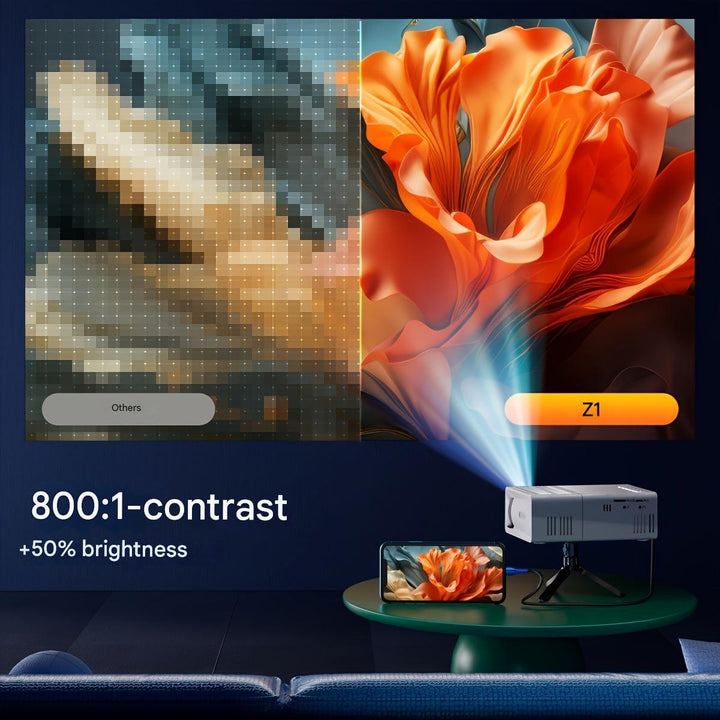 Achterkant van de LumoBeam multimedia beamer met diverse aansluitpoorten voor flexibele connectiviteit.