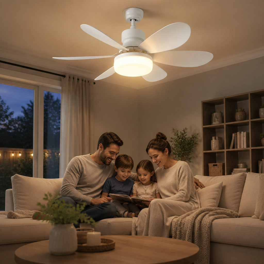 Moderne plafondventilator met dimbare LED verlichting en afstandsbediening, perfect voor interieur, biedt verkoeling en licht.