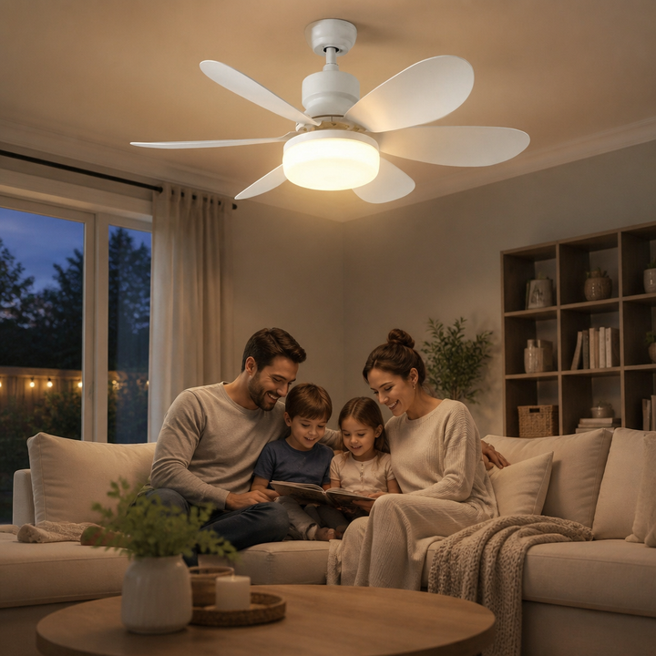 Moderne plafondventilator met dimbare LED verlichting en afstandsbediening, perfect voor interieur, biedt verkoeling en licht.