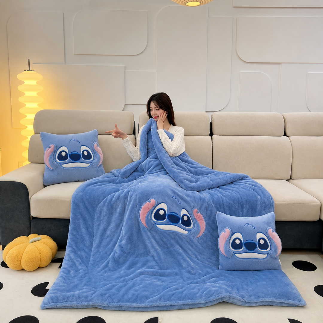 Zacht pluche Stitch kussen-deken, ideaal voor knusse momenten en speelplezier voor kinderen en volwassenen.