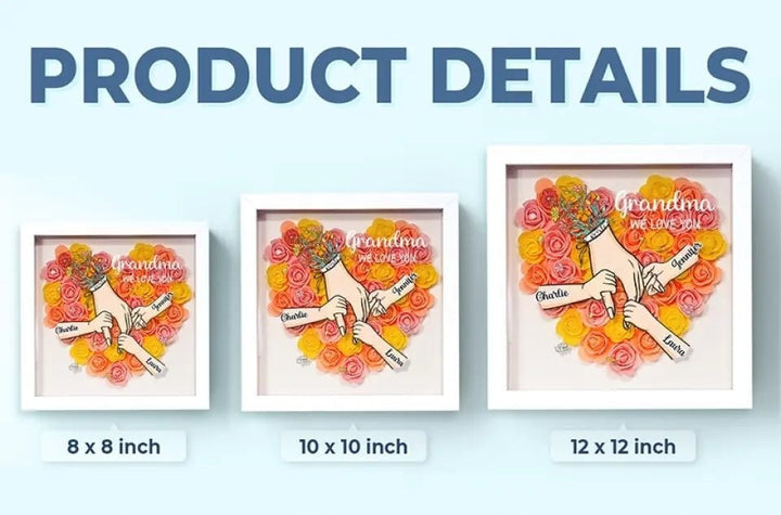 Gepersonaliseerd bloemencadeau voor mama: houten schaduwbox met acryl namen, ideaal voor Moederdag.
