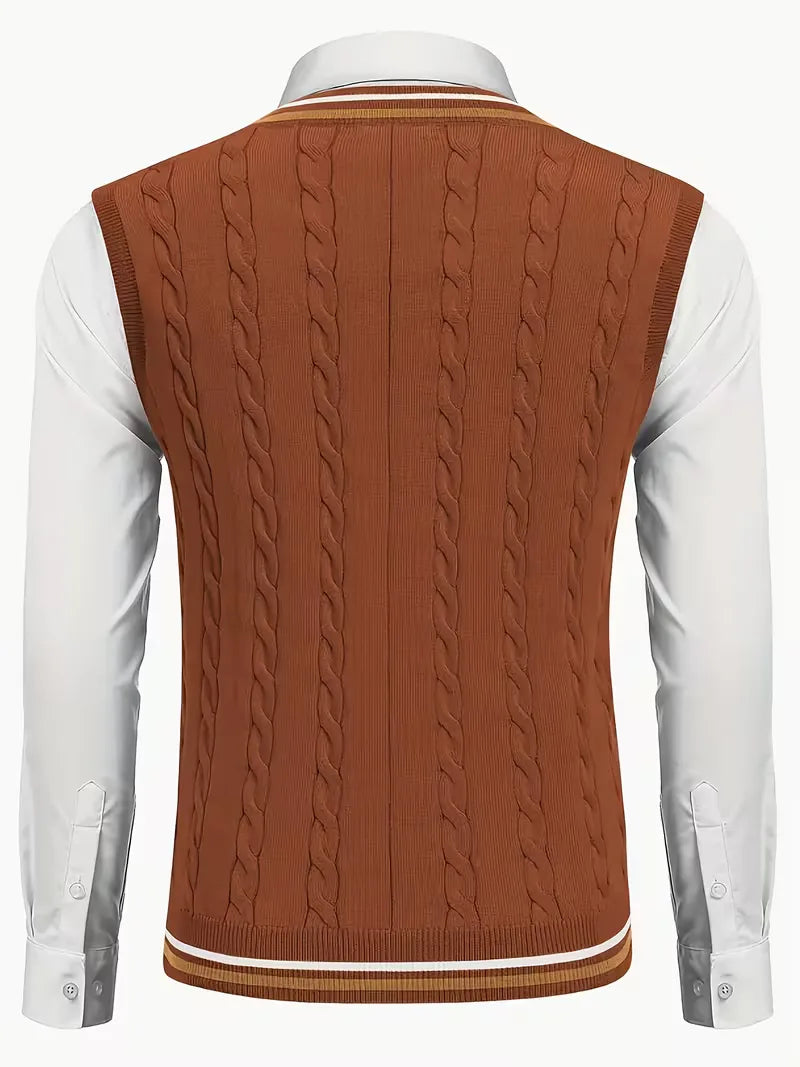 Heren wintermode: warm mouwloos vest met V-hals en complex kabelpatroon, comfort en stijl.