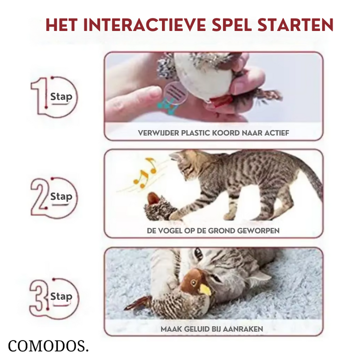 Elektronisch kattenspeelgoed met vogelgeluid en flapperende veren; prikkelt het jachtinstinct van de kat.