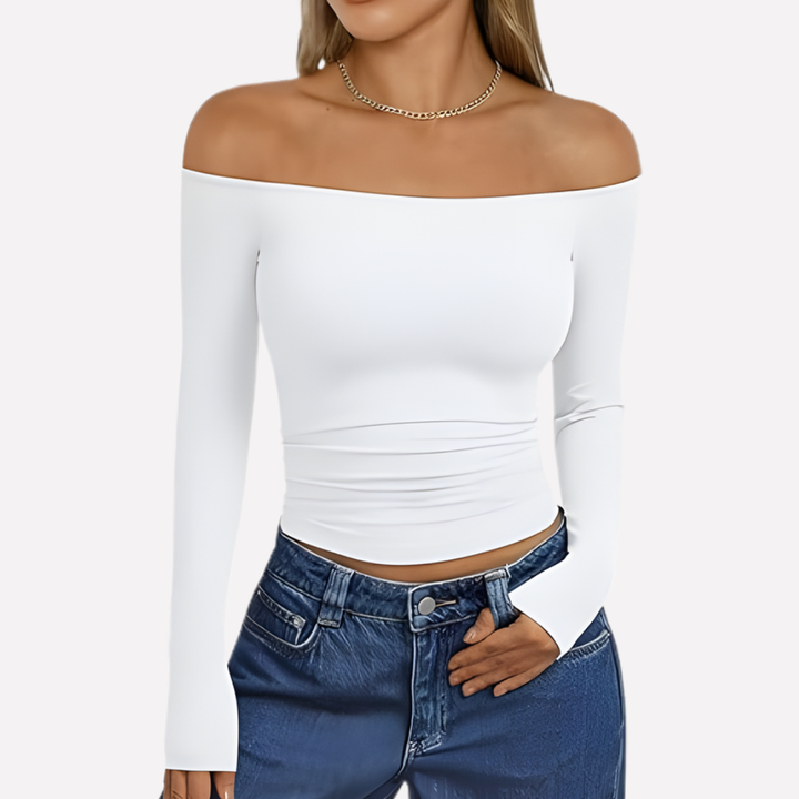 Chique dames off-shoulder top met lange mouwen, een must-have voor een stijlvolle, trendy kledingkast.
